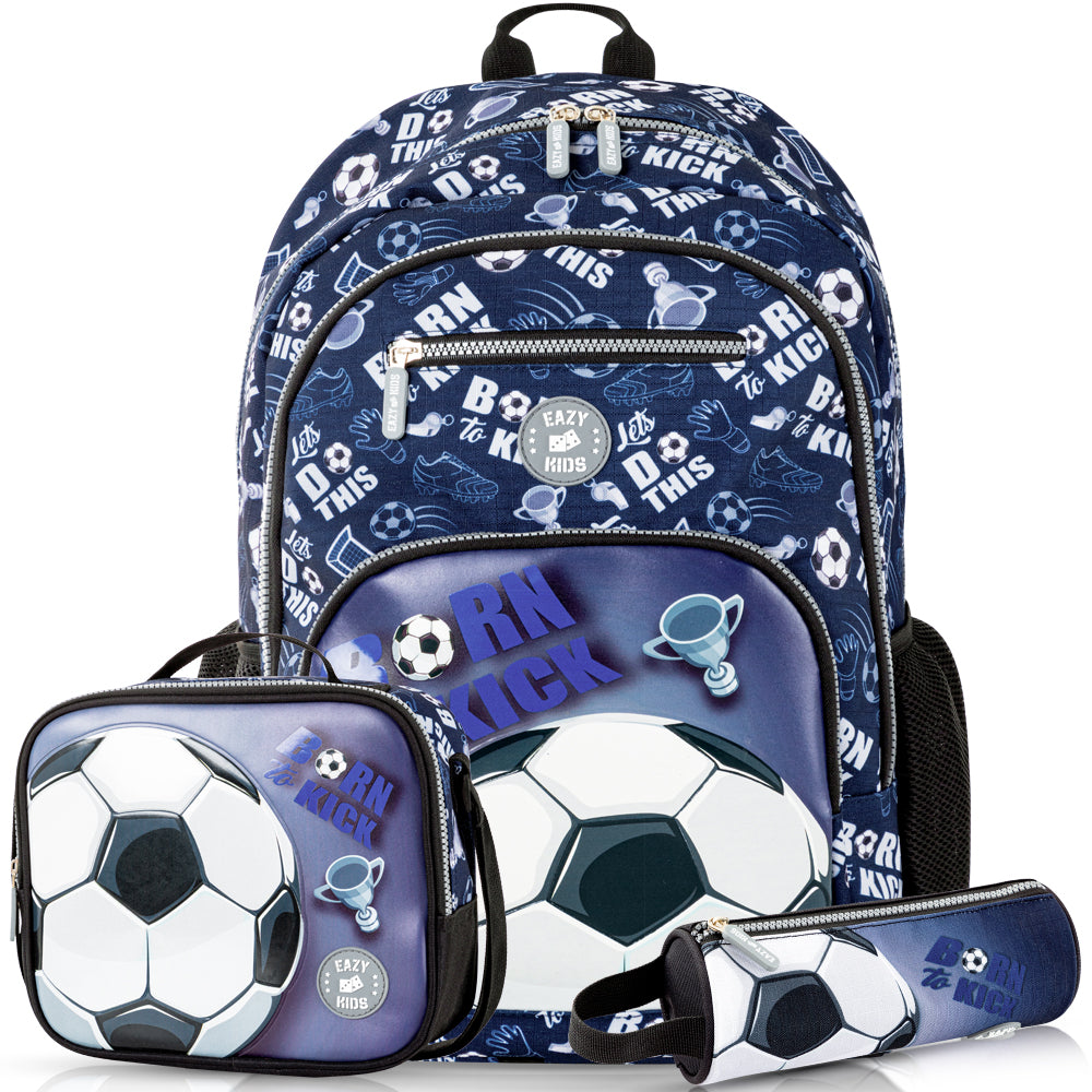 EAZY KIDS 18 inch Set of 3 Backpack w/Lunch Bag and Pencil Case - Football