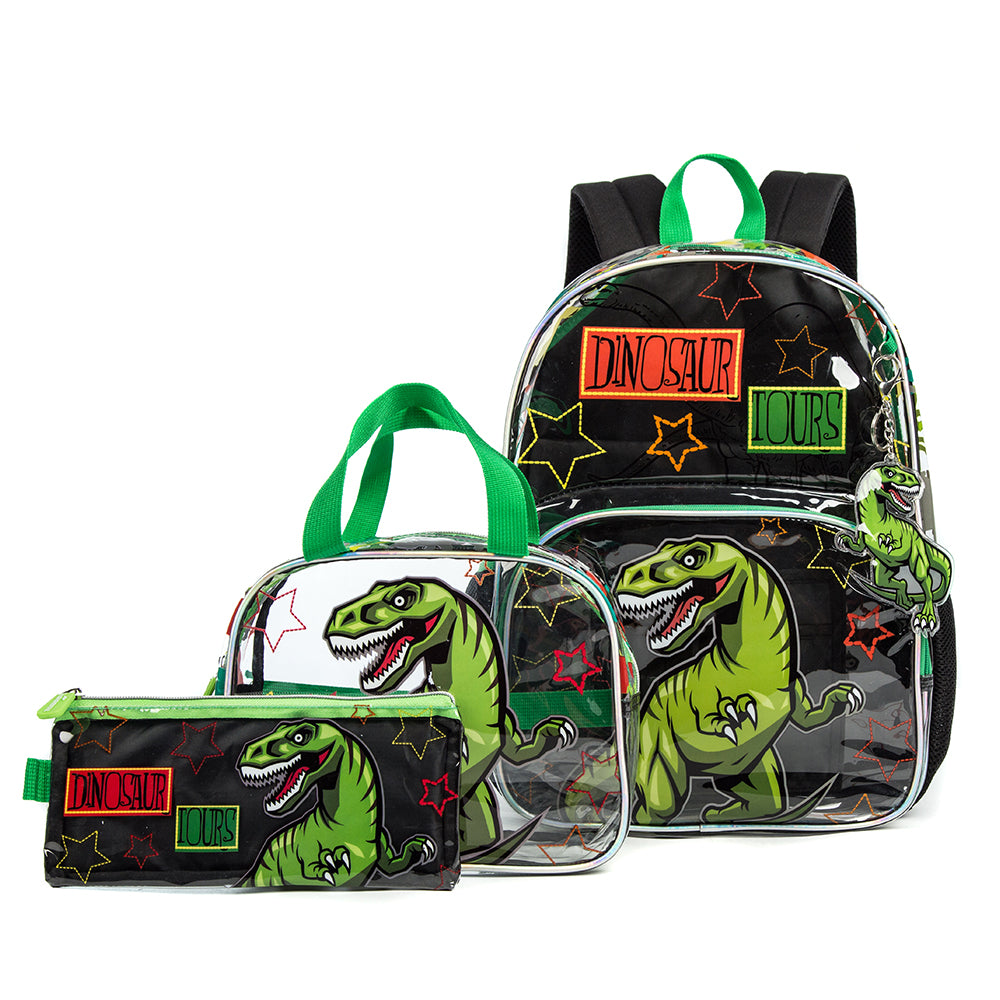EAZY KIDS 17Inch Set of 3 School Bag with Lunch Bag and Pencil Case Dinosaur - Black