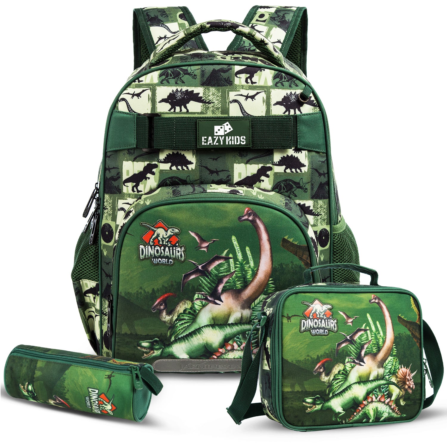 EAZY KIDS - 18 inch School Bag Lunch Bag Pencil Case Set of 3 Dinosaur - Green