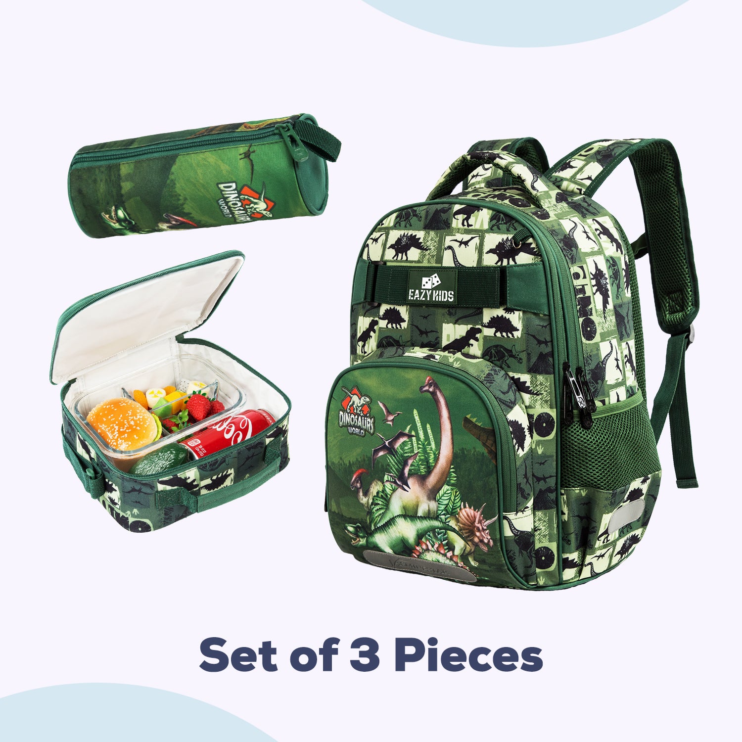 EAZY KIDS - 18 inch School Bag Lunch Bag Pencil Case Set of 3 Dinosaur - Green