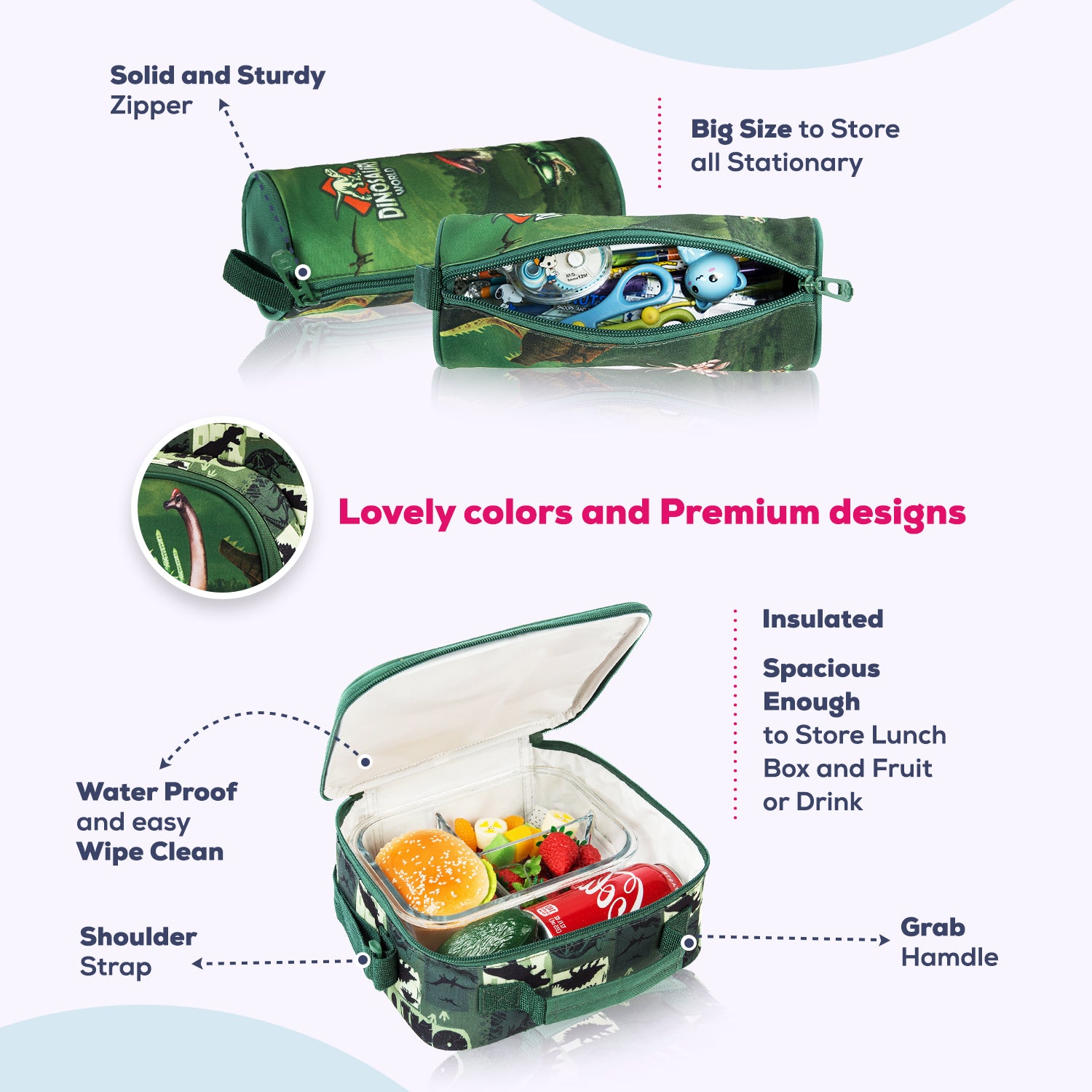 EAZY KIDS - 18 inch School Bag Lunch Bag Pencil Case Set of 3 Dinosaur - Green