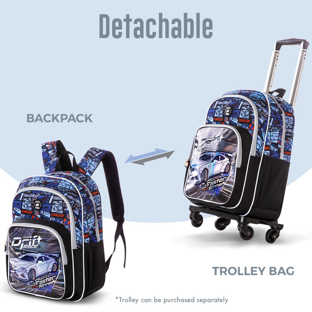 EAZY KIDS 18 inch Set of 3 Backpack w/Lunch Bag and Pencil Case - Car Racing