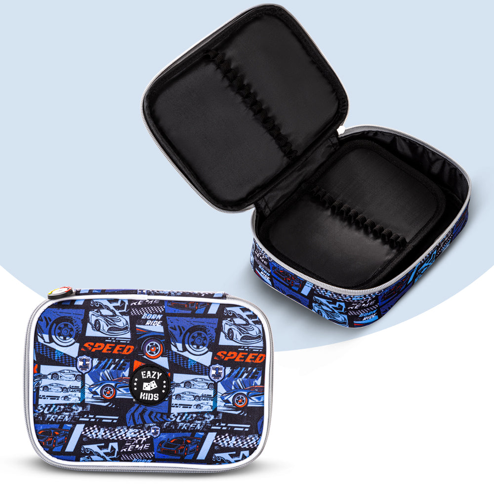 EAZY KIDS 18 inch Set of 3 Backpack w/Lunch Bag and Pencil Case - Car Racing