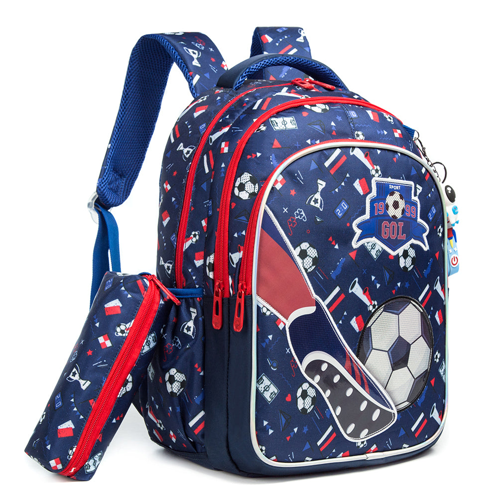 EAZY KIDS 17Inch Set of 3 School Bag with Lunch Bag and Pencil Case Football - Blue