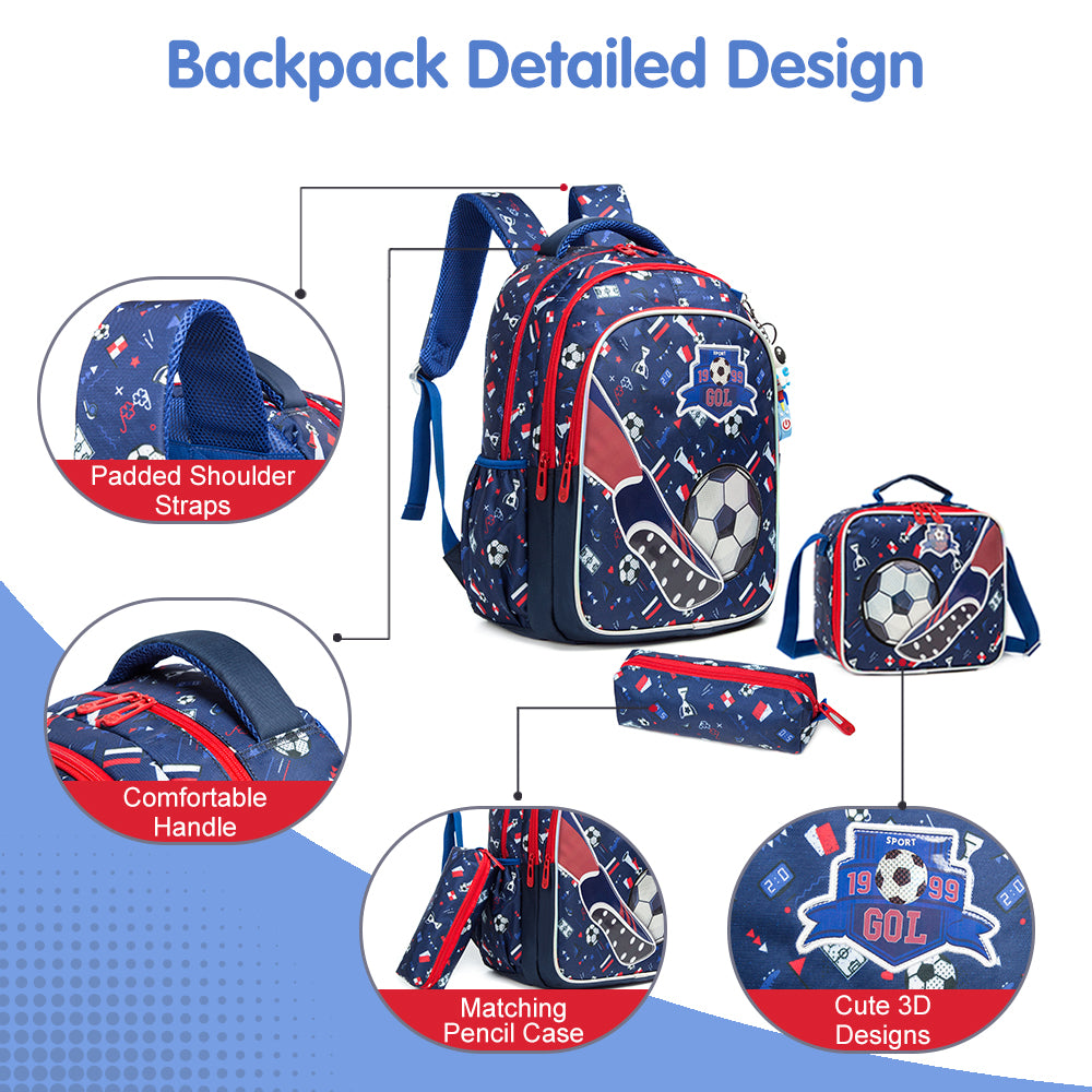 مجموعة من 3 حقائب مدرسية من إيزي كيدز، مقاس 17 بوصة، مع حقيبة غداء وحافظة أقلام كرة قدم - أزرق