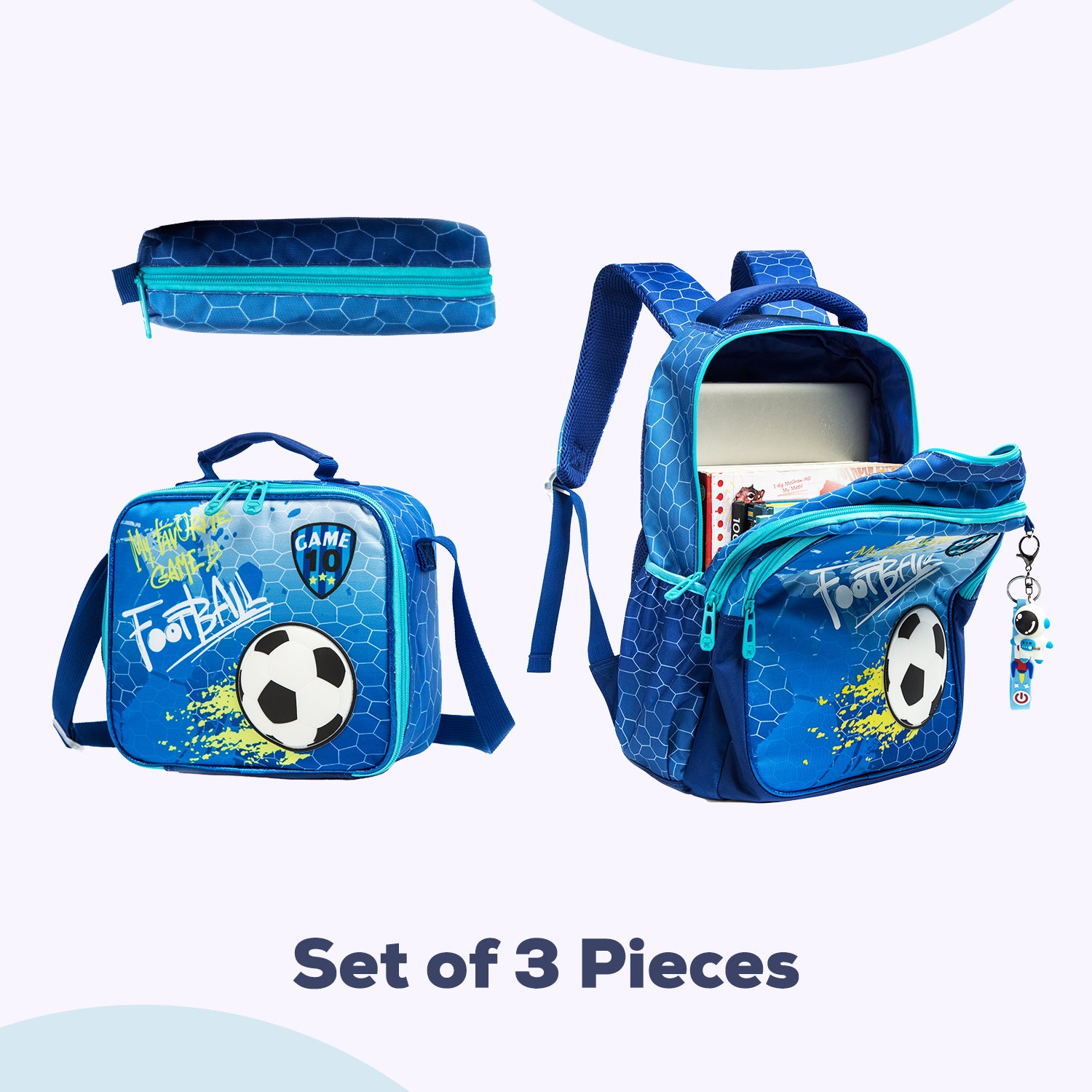 EAZY KIDS - 17 inch School Bag Lunch Bag Pencil Case Set of 3 Football - Blue
