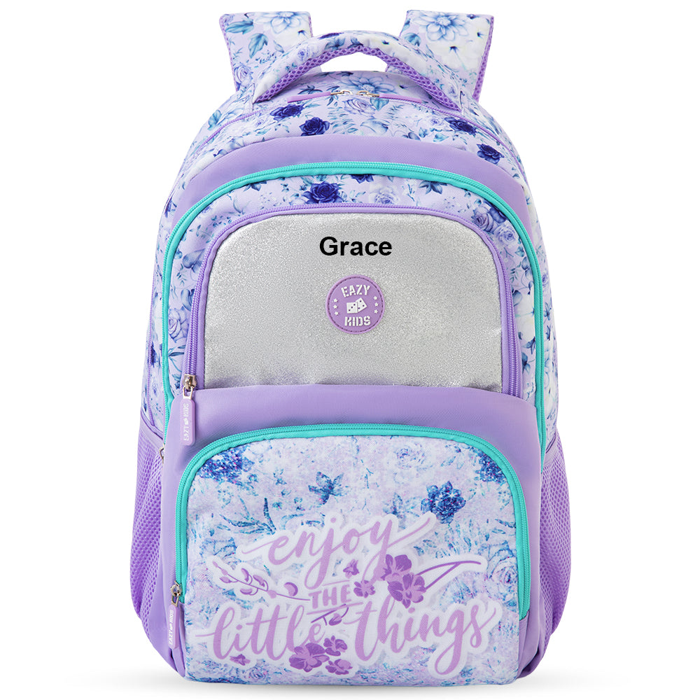Eazy Kids Personalized 18" School Bag Set of 3-Backpack, Lunch Bag & Pencil Case w/ Laptop Compartment - Purple
