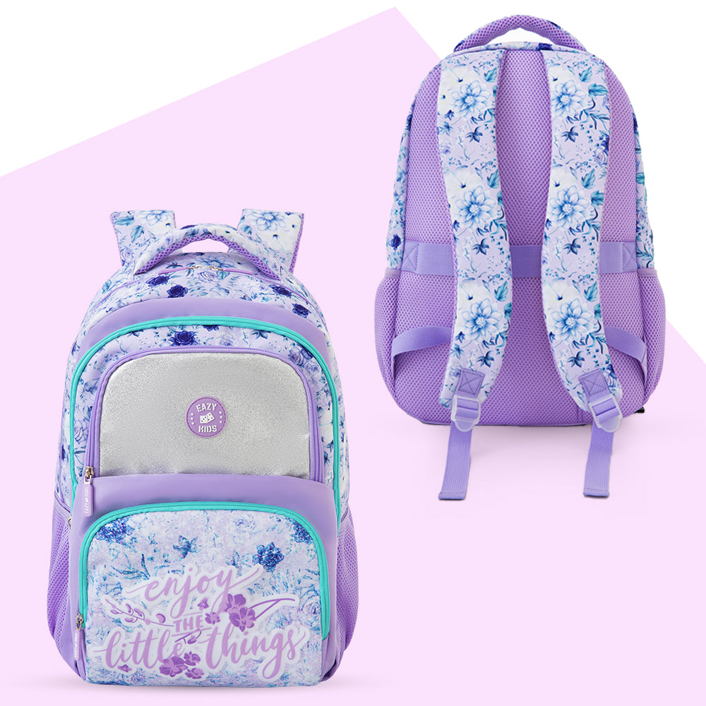 Eazy Kids Personalized 18" School Bag Set of 3-Backpack, Lunch Bag & Pencil Case w/ Laptop Compartment - Purple