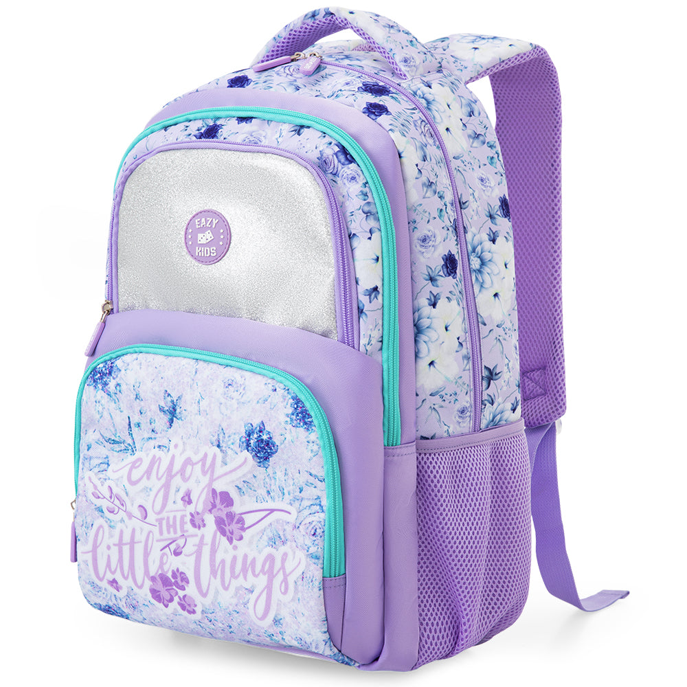 Eazy Kids Personalized 18" School Bag Set of 3-Backpack, Lunch Bag & Pencil Case w/ Laptop Compartment - Purple