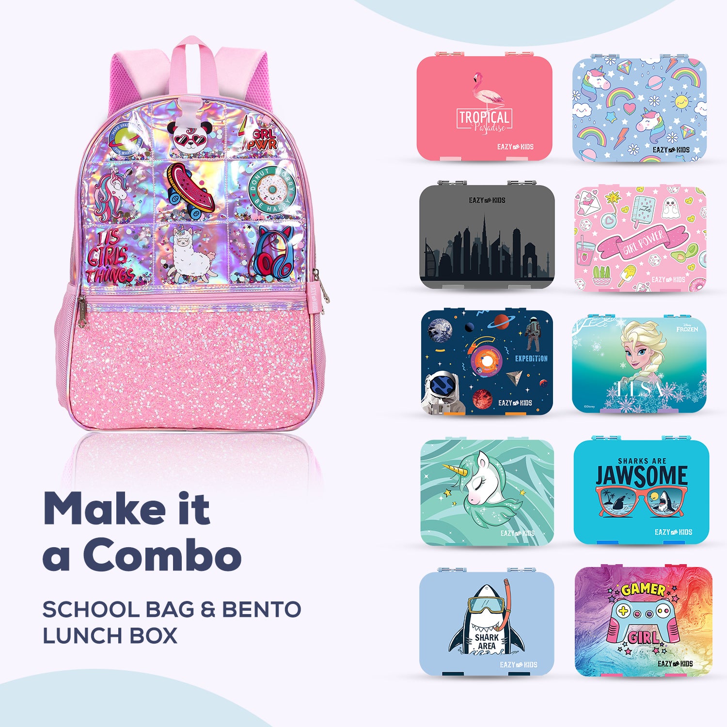 EAZY KIDS - 17 inch School Bag Lunch Bag Pencil Case Set of 3 Girl Things - Pink