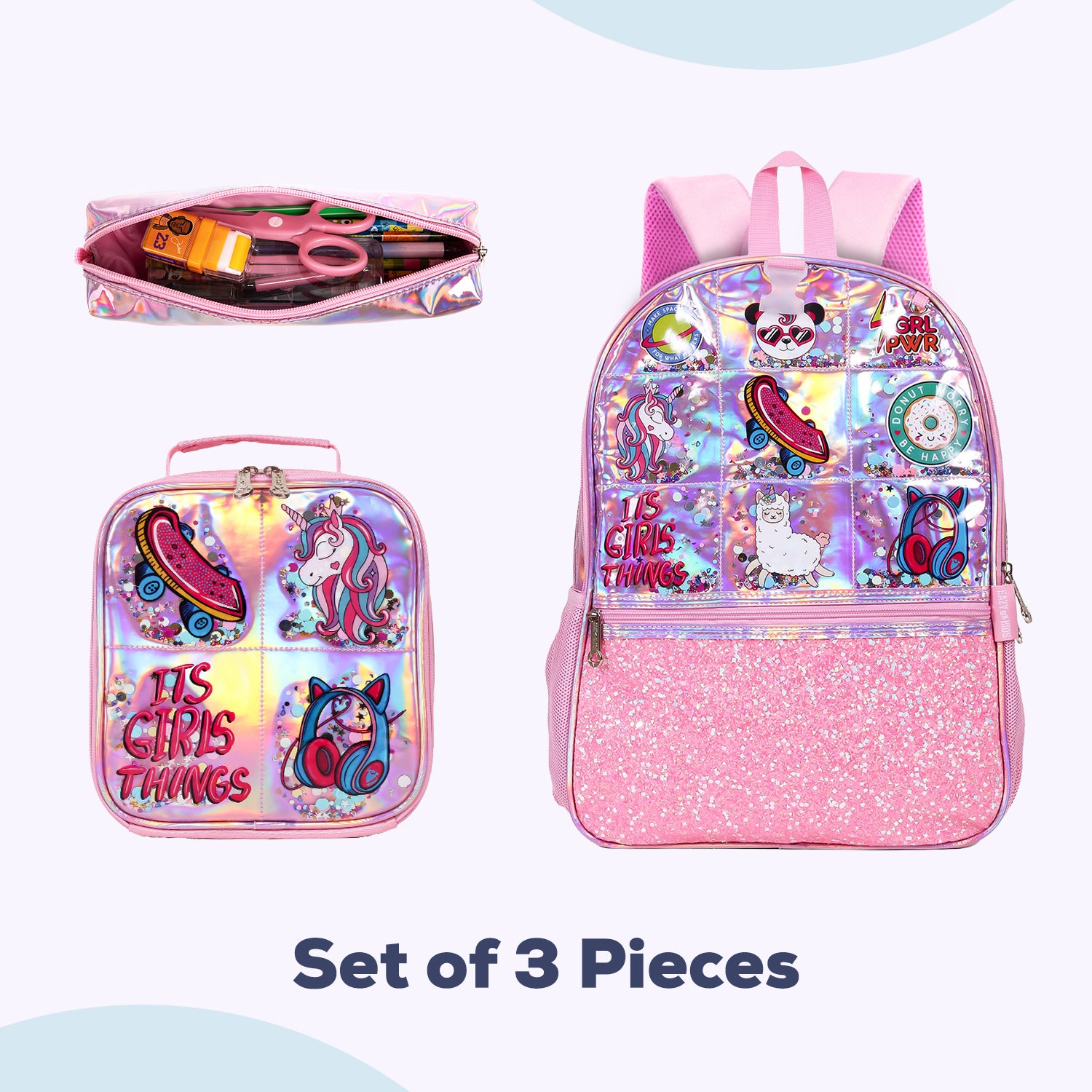 EAZY KIDS - 17 inch School Bag Lunch Bag Pencil Case Set of 3 Girl Things - Pink