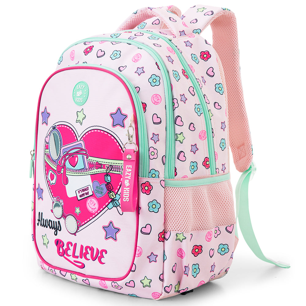 Eazy Kids 17”School Bag Set of 3- Backpack, Lunch Bag & Pencil Case,Laptop Compartment -Always Believe - Pink