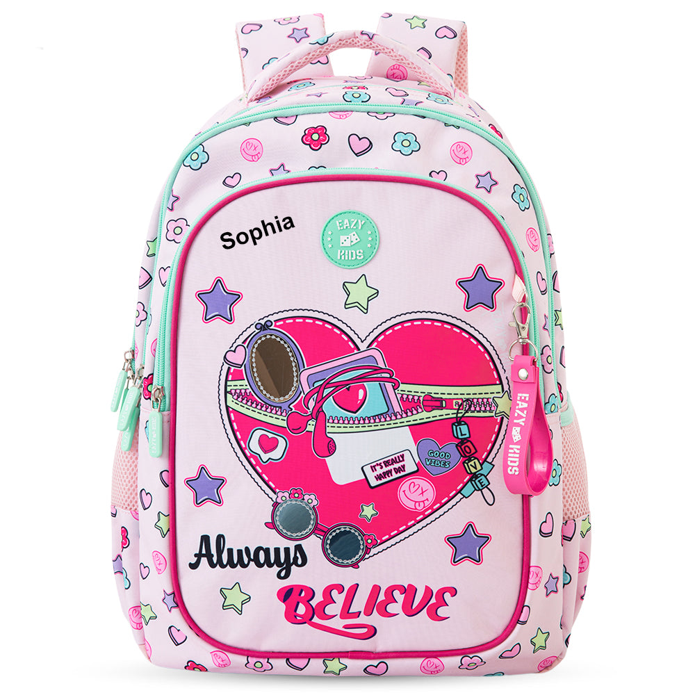 Eazy Kids Personalized 17”School Bag Set of 3- Backpack, Lunch Bag & Pencil Case,Laptop Compartment -Always Believe - Pink