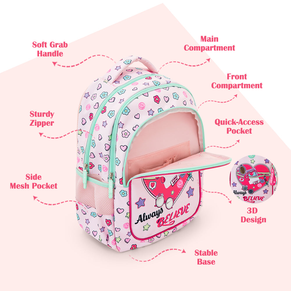 Eazy Kids Personalized 17”School Bag Set of 3- Backpack, Lunch Bag & Pencil Case,Laptop Compartment -Always Believe - Pink