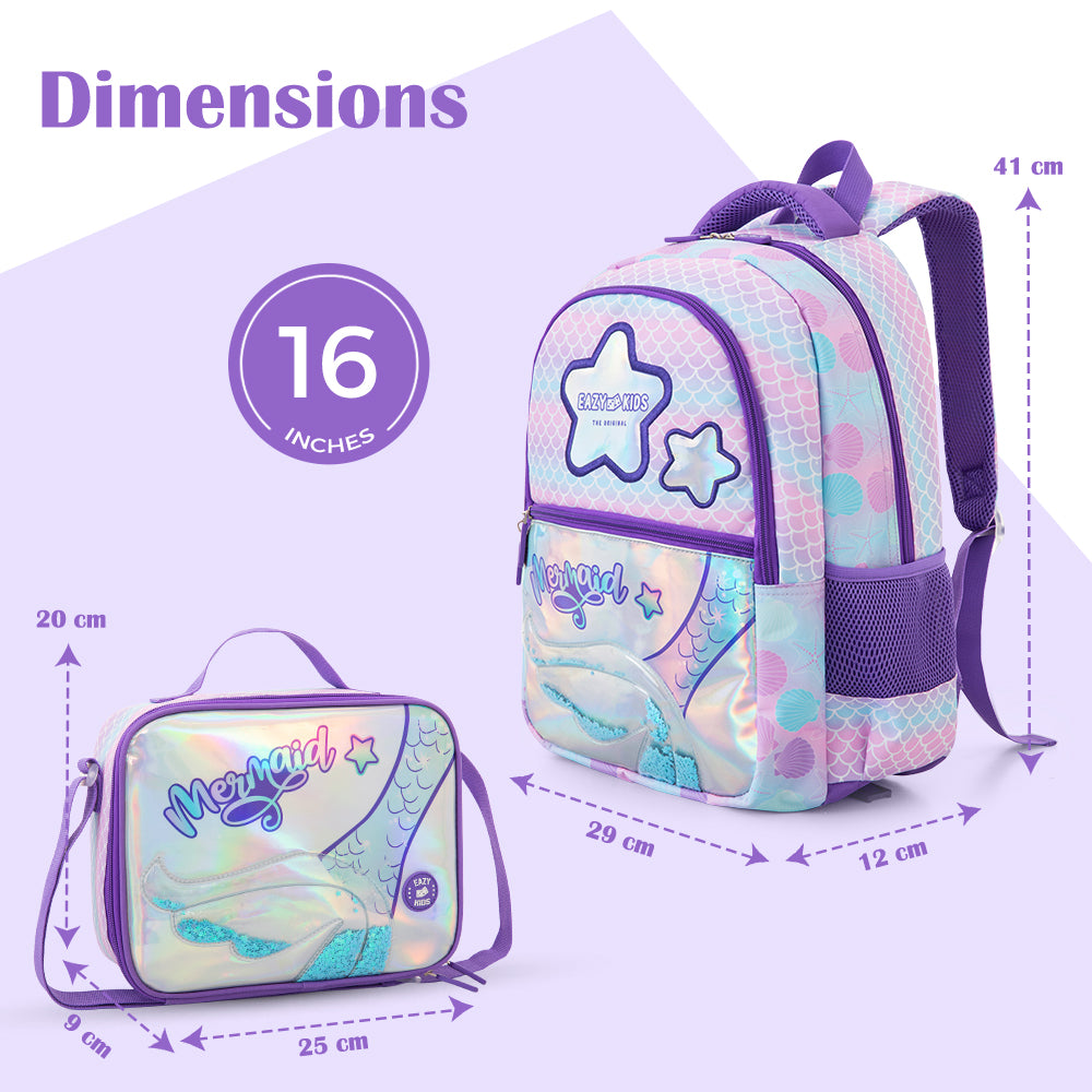 Eazy Kids 16” Trolley School Bag Set of 3 with Wheels – Backpack, Lunch Bag & Pencil Case, Purple