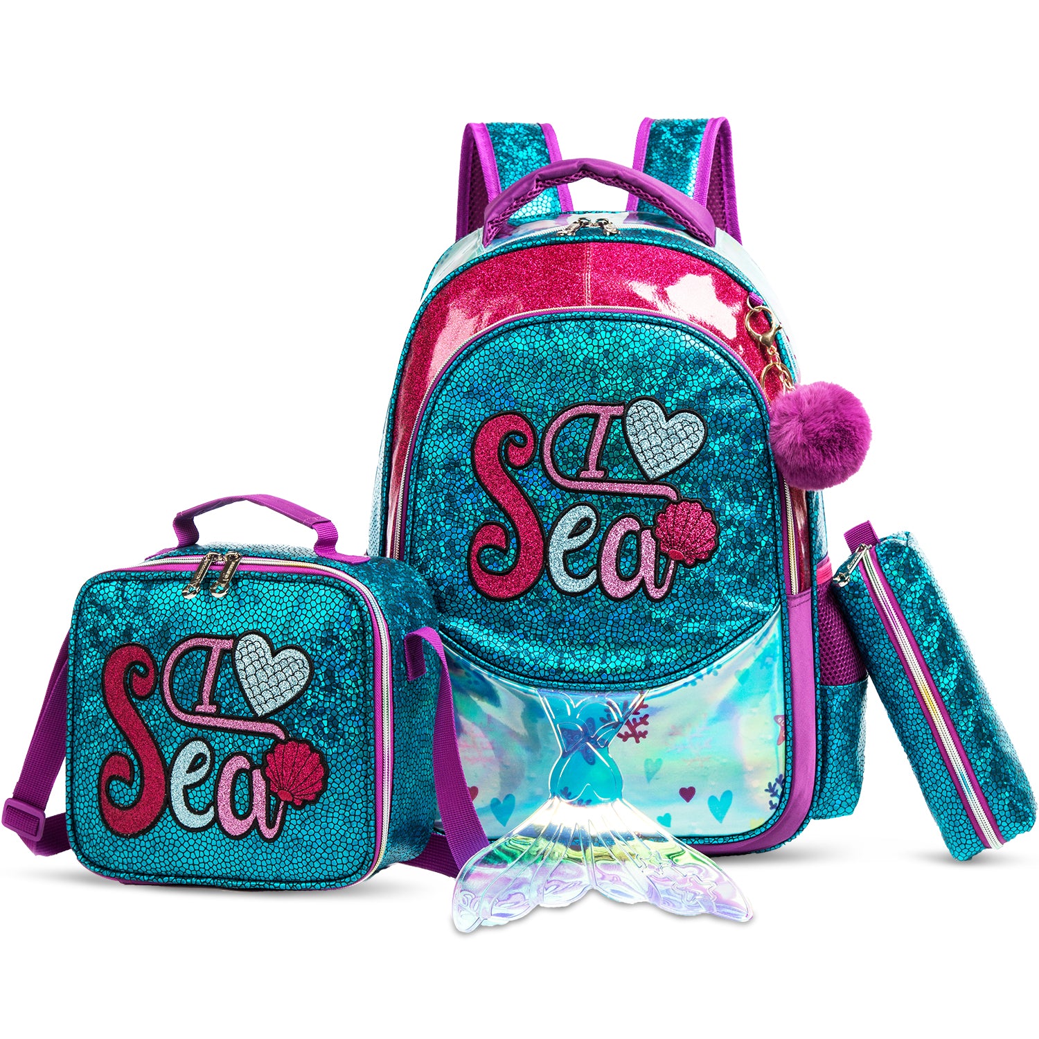 EAZY KIDS - 17 inch School Bag Lunch Bag Pencil Case Set of 3 Mermaid Sea - Green