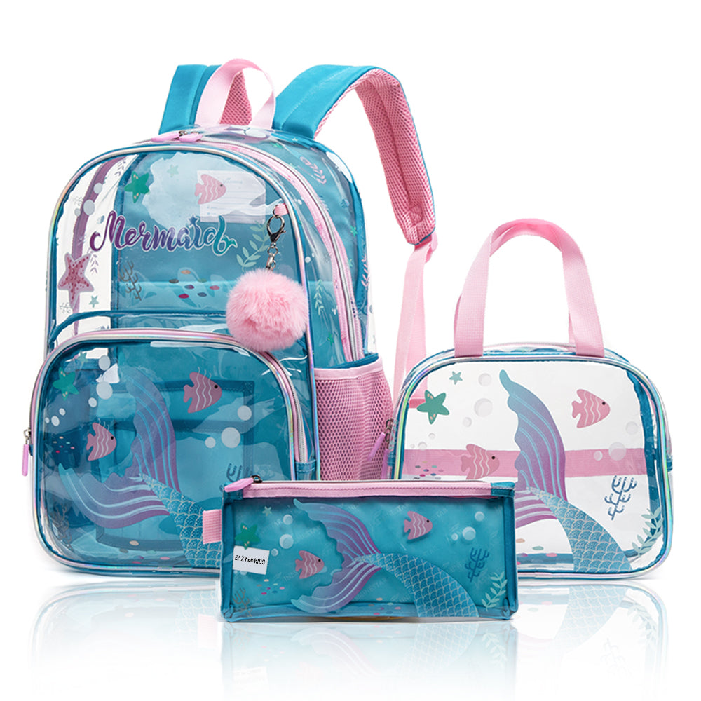 EAZY KIDS 17Inch Set of 3 School Bag with Lunch Bag and Pencil Case Mermaid-Blue