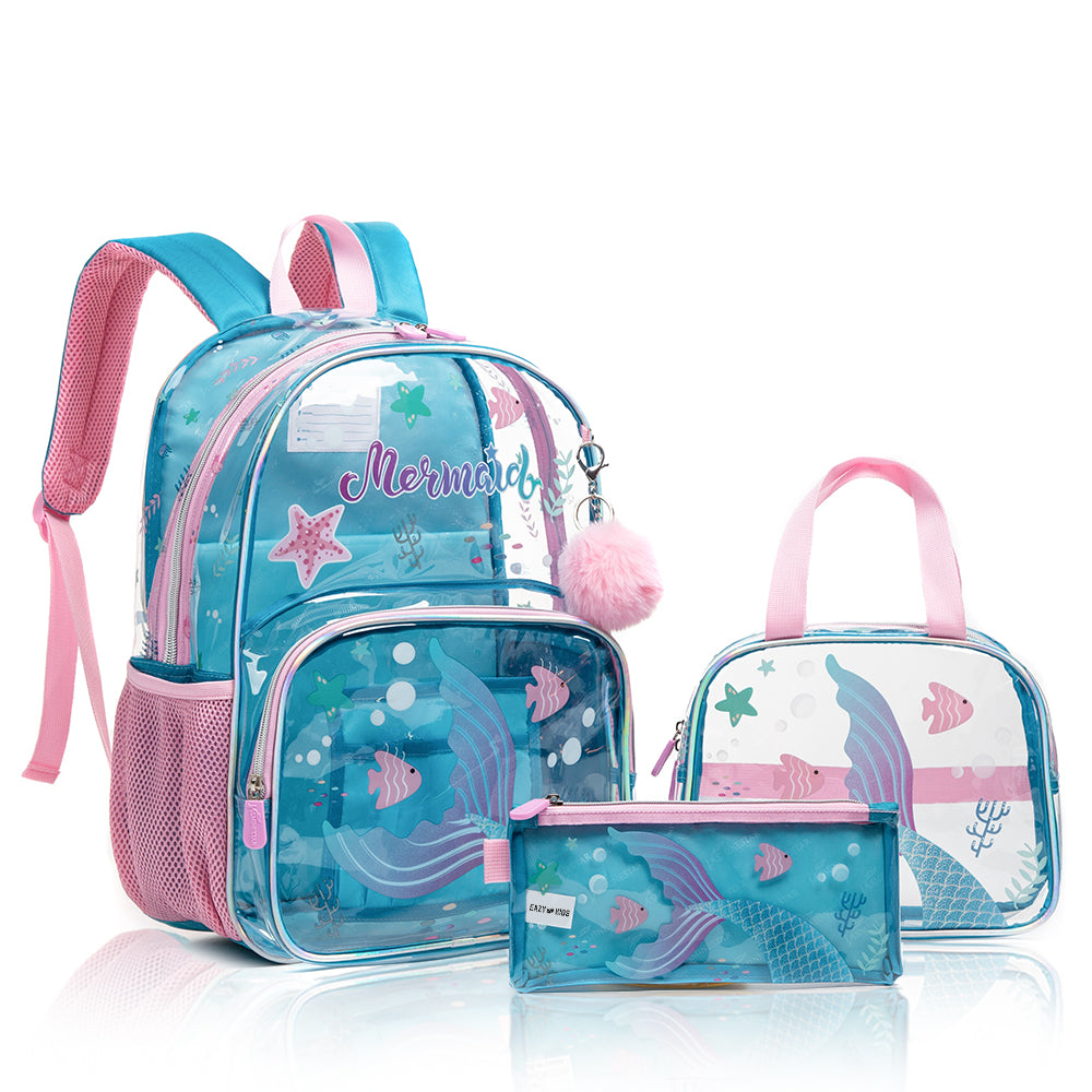 EAZY KIDS 17Inch Set of 3 School Bag with Lunch Bag and Pencil Case Mermaid-Blue