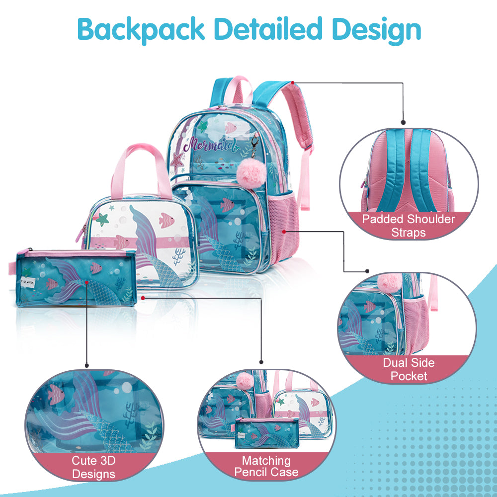 مجموعة من 3 حقائب مدرسية من إيزي كيدز، مقاس 17 بوصة، مع حقيبة غداء وحافظة أقلام، لون أزرق حورية البحر