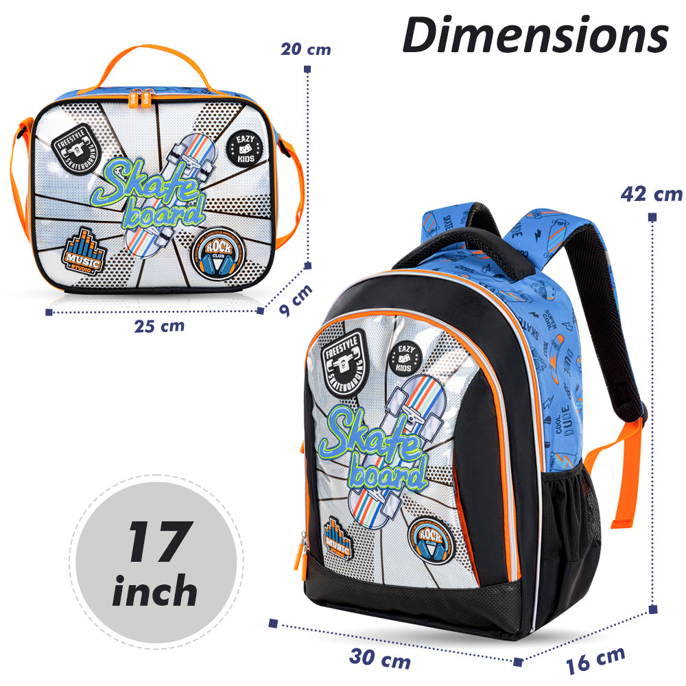 EAZY KIDS 17 inch Set of 3 Backpack w/Lunch Bag and Pencil Case - Skate Board