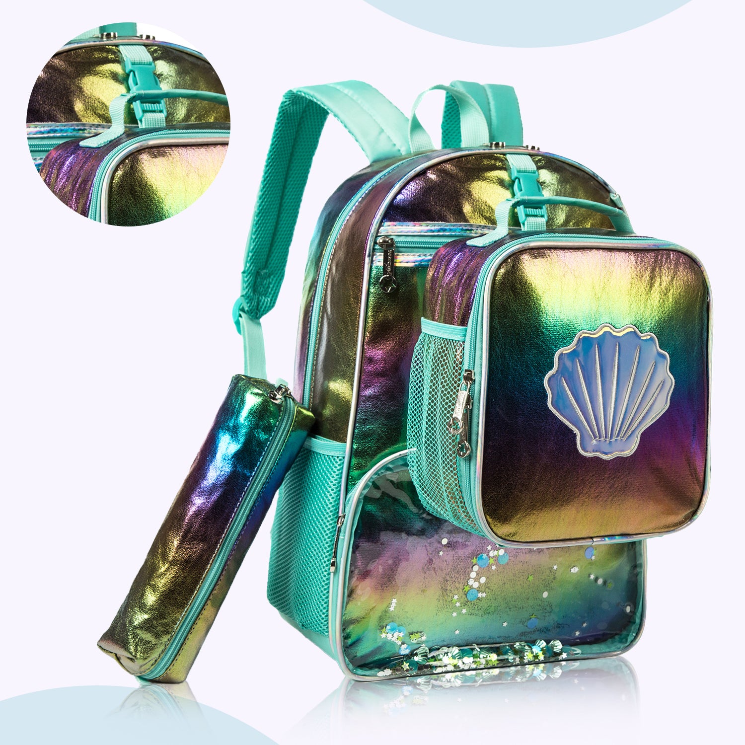 EAZY KIDS - 17 inch School Bag Lunch Bag Pencil Case Set of 3 Mermaid Shell - Green