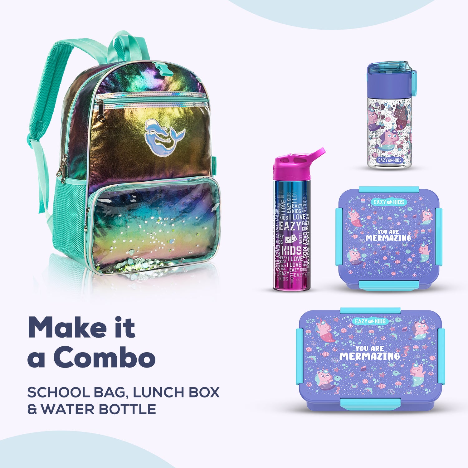 EAZY KIDS - 17 inch School Bag Lunch Bag Pencil Case Set of 3 Mermaid Shell - Green