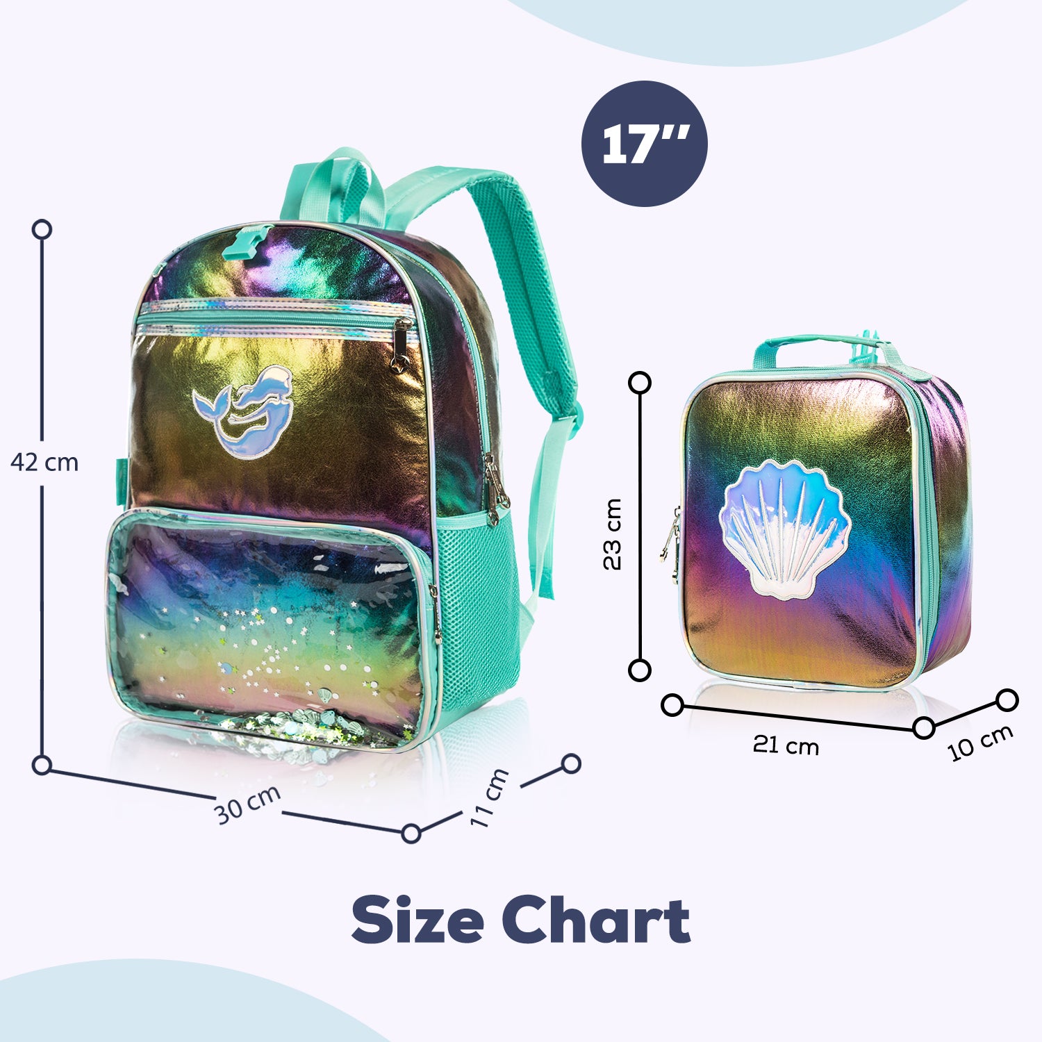 EAZY KIDS - 17 inch School Bag Lunch Bag Pencil Case Set of 3 Mermaid Shell - Green