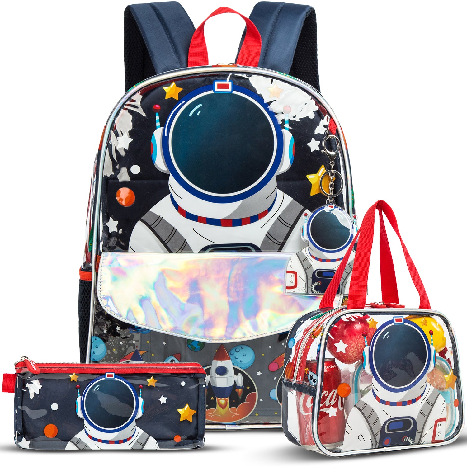 EAZY KIDS - 16 inch School Bag Lunch Bag Pencil Case Set of 3 - Astronaut - Blue