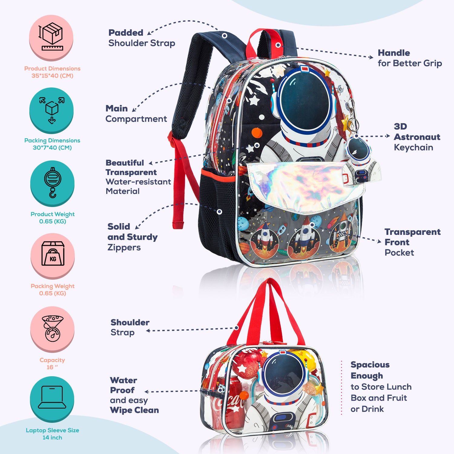 EAZY KIDS - 16 inch School Bag Lunch Bag Pencil Case Set of 3 - Astronaut - Blue