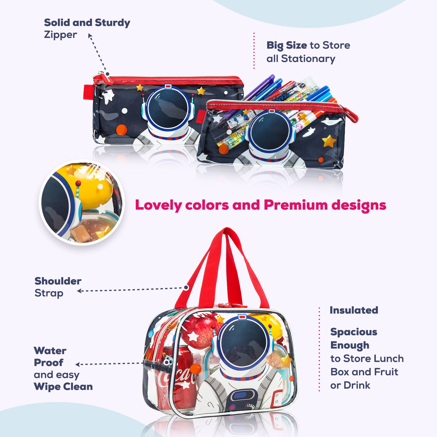 EAZY KIDS - 16 inch School Bag Lunch Bag Pencil Case Set of 3 - Astronaut - Blue