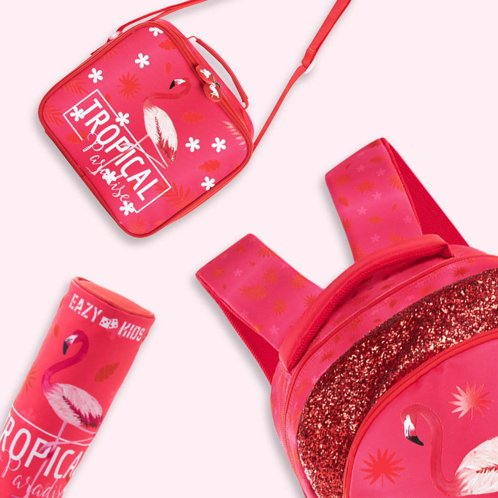 EAZY KIDS 17Inch Set of 3 School Bag with Lunch Bag and Pencil Case Tropical - Pink