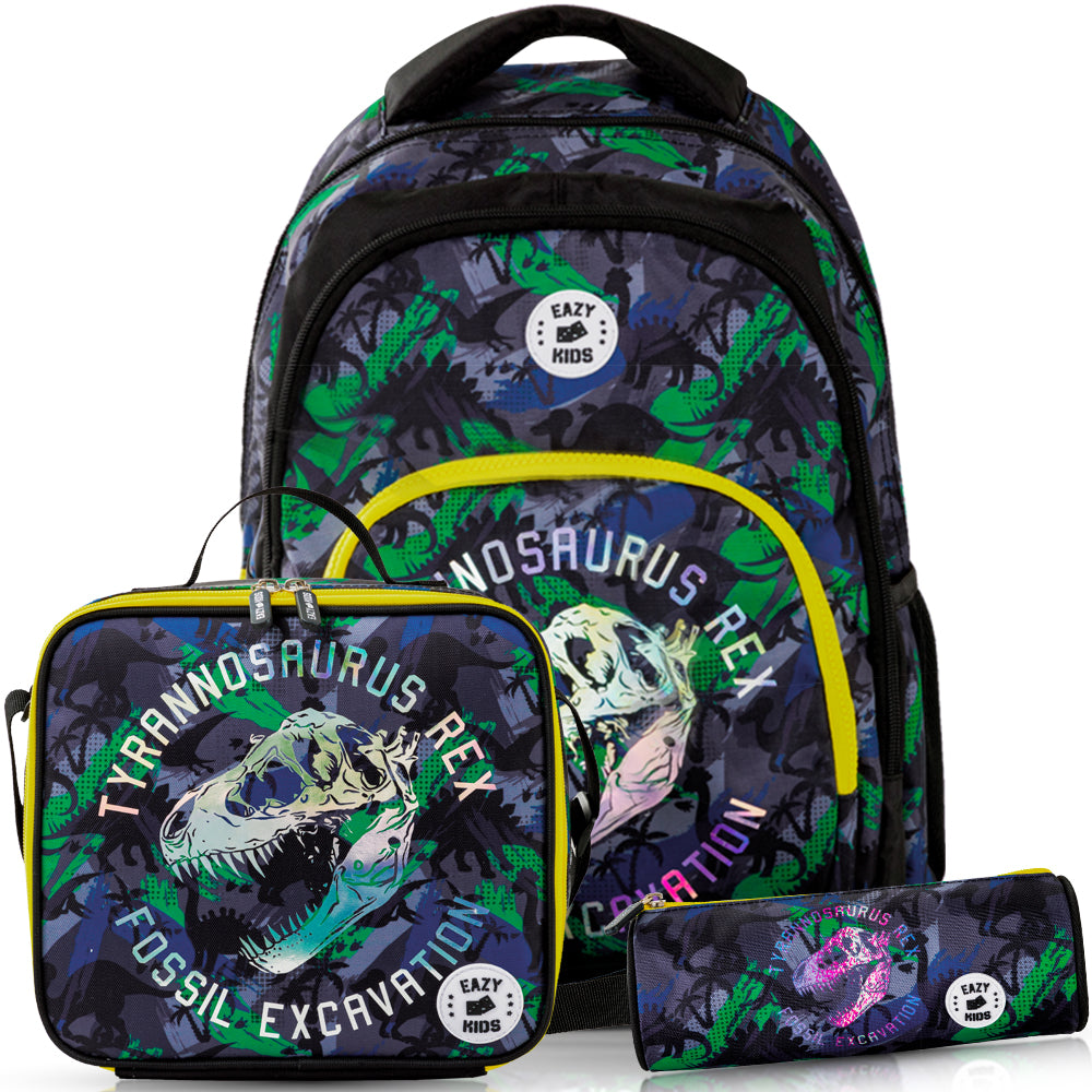 EAZY KIDS 17 inch Set of 3 Backpack w/Lunch Bag and Pencil Case - T-Rex