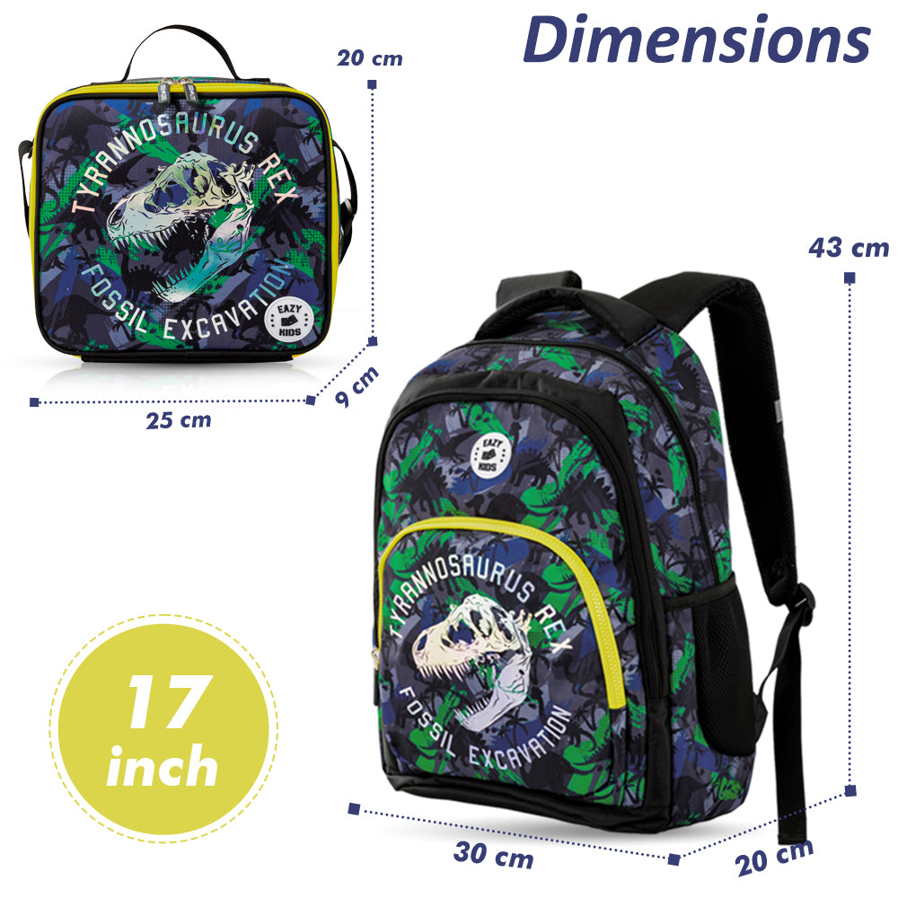 EAZY KIDS 17 inch Set of 3 Backpack w/Lunch Bag and Pencil Case - T-Rex