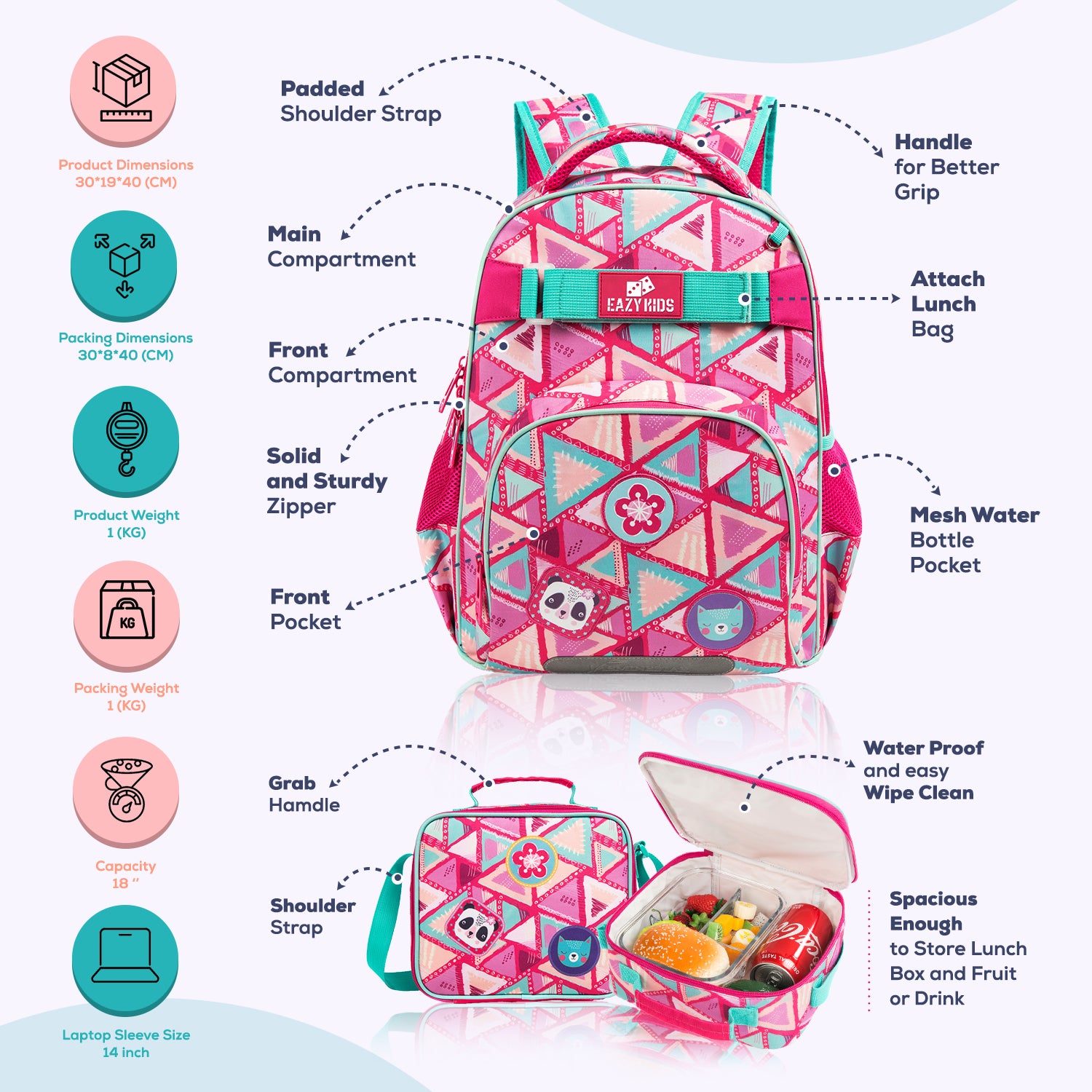 EAZY KIDS - 18 inch School Bag Lunch Bag Pencil Case Set of 3 Panda - Pink