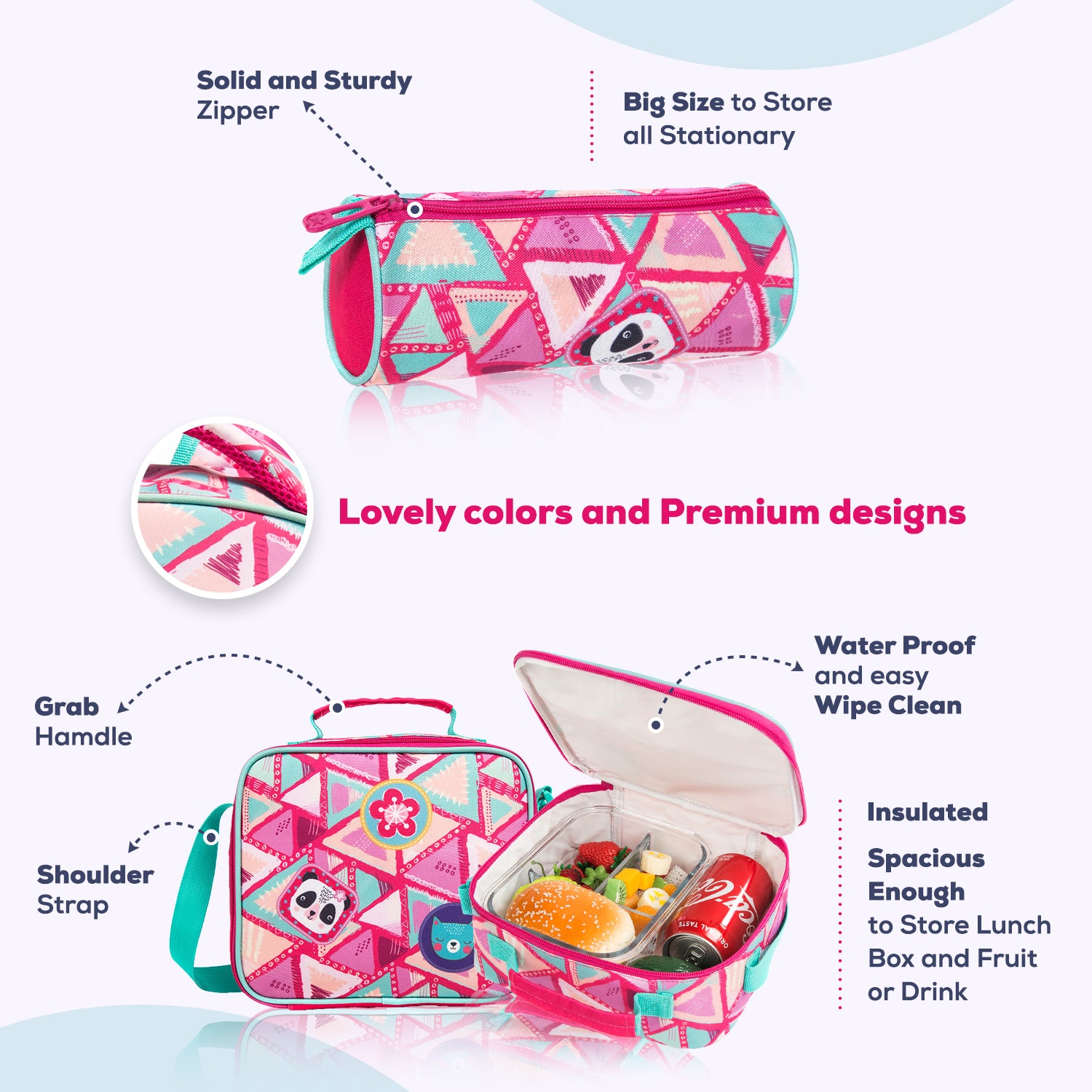 EAZY KIDS - 18 inch School Bag Lunch Bag Pencil Case Set of 3 Panda - Pink