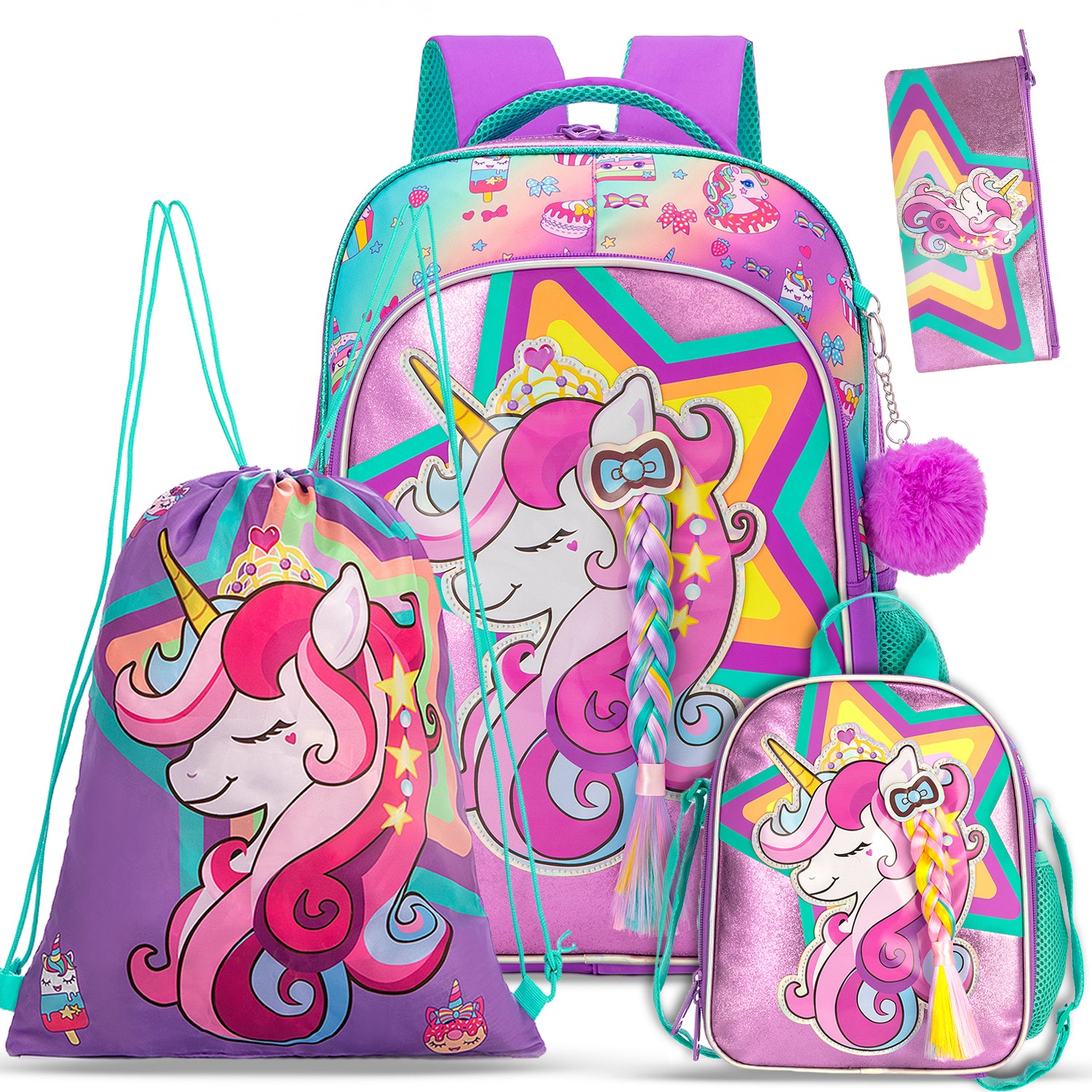 EAZY KIDS - 18 inch Set of 4 School Bag Lunch Bag Activity Bag & Pencil Case Unicorn - Pink