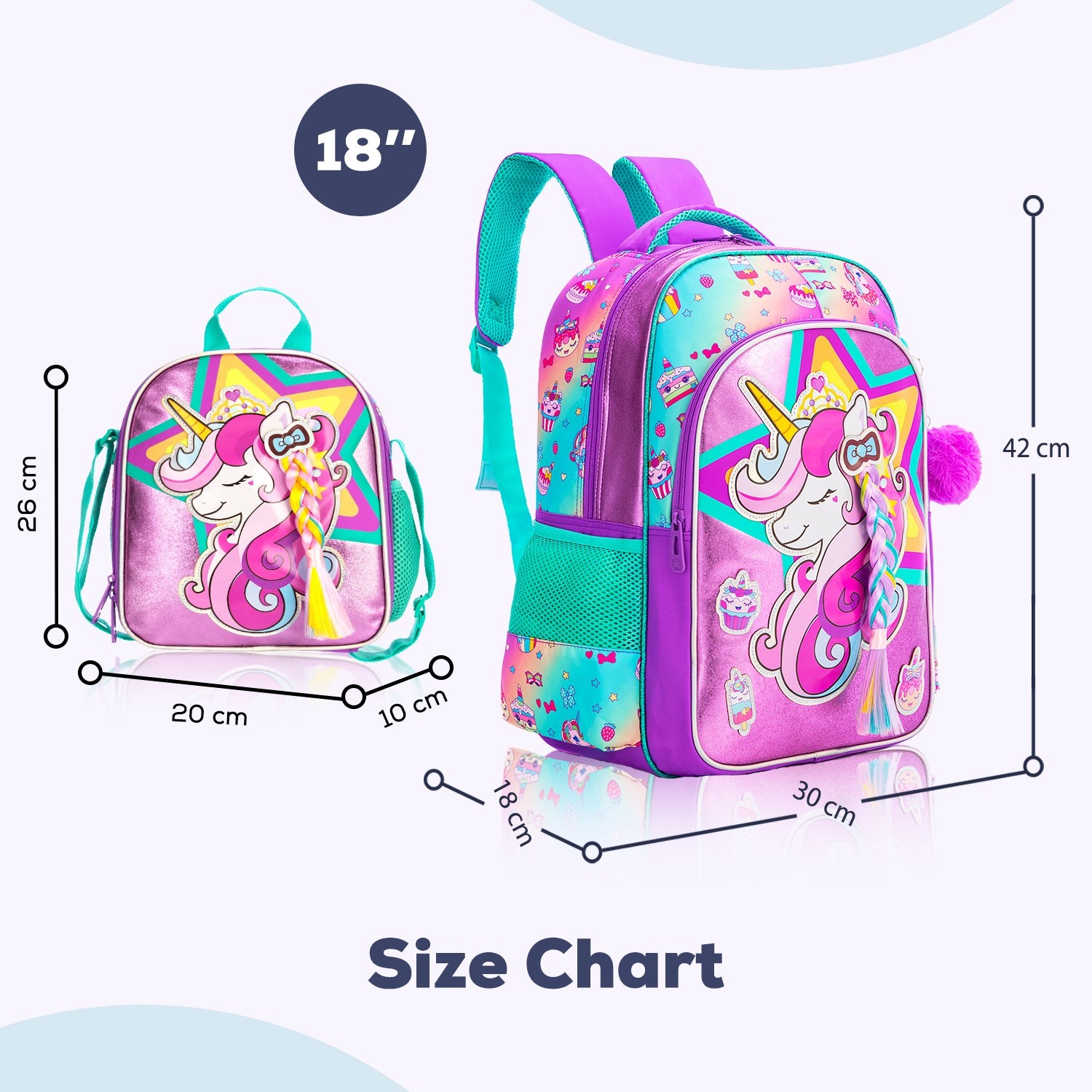 EAZY KIDS - 18 inch Set of 4 School Bag Lunch Bag Activity Bag & Pencil Case Unicorn - Pink
