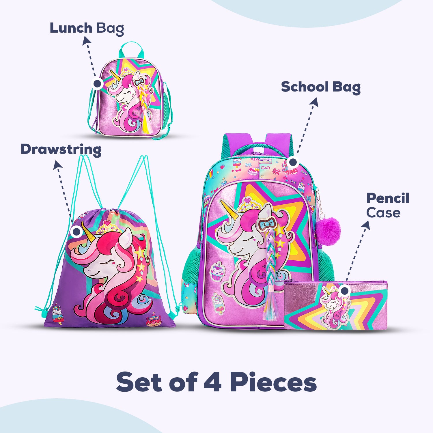 EAZY KIDS - 18 inch Set of 4 School Bag Lunch Bag Activity Bag & Pencil Case Unicorn - Pink