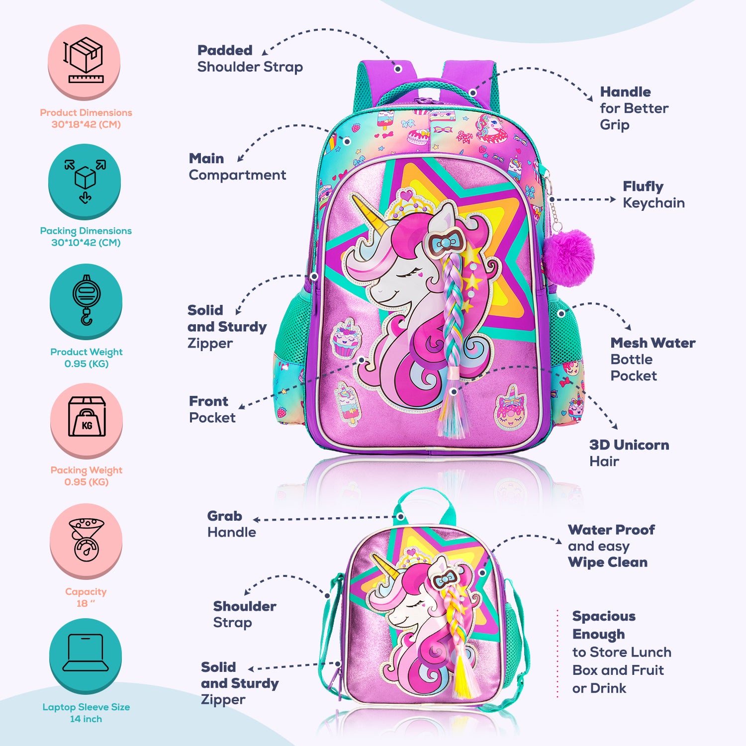 EAZY KIDS - 18 inch Set of 4 School Bag Lunch Bag Activity Bag & Pencil Case Unicorn - Pink