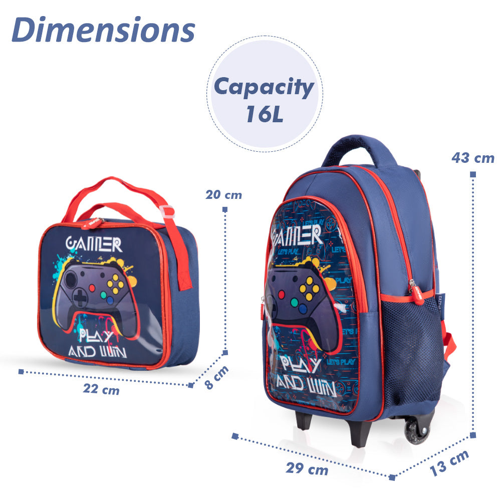 EAZY KIDS 17Inch Set of 5 Trolley School Bag with Lunch Bag, Pencil Case, Lunch Box and Water Bottle - Gamer - Blue