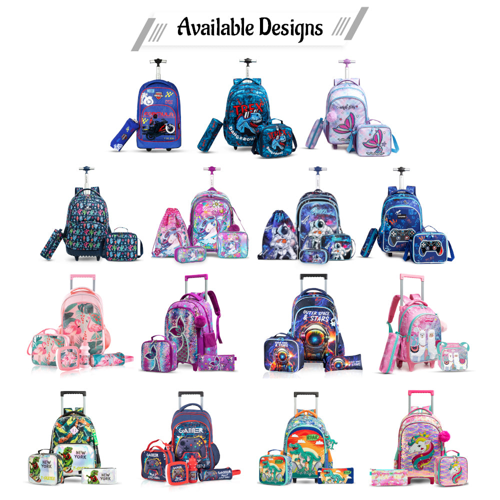 EAZY KIDS 17Inch Set of 5 Trolley School Bag with Lunch Bag, Pencil Case, Lunch Box and Water Bottle - Gamer - Blue