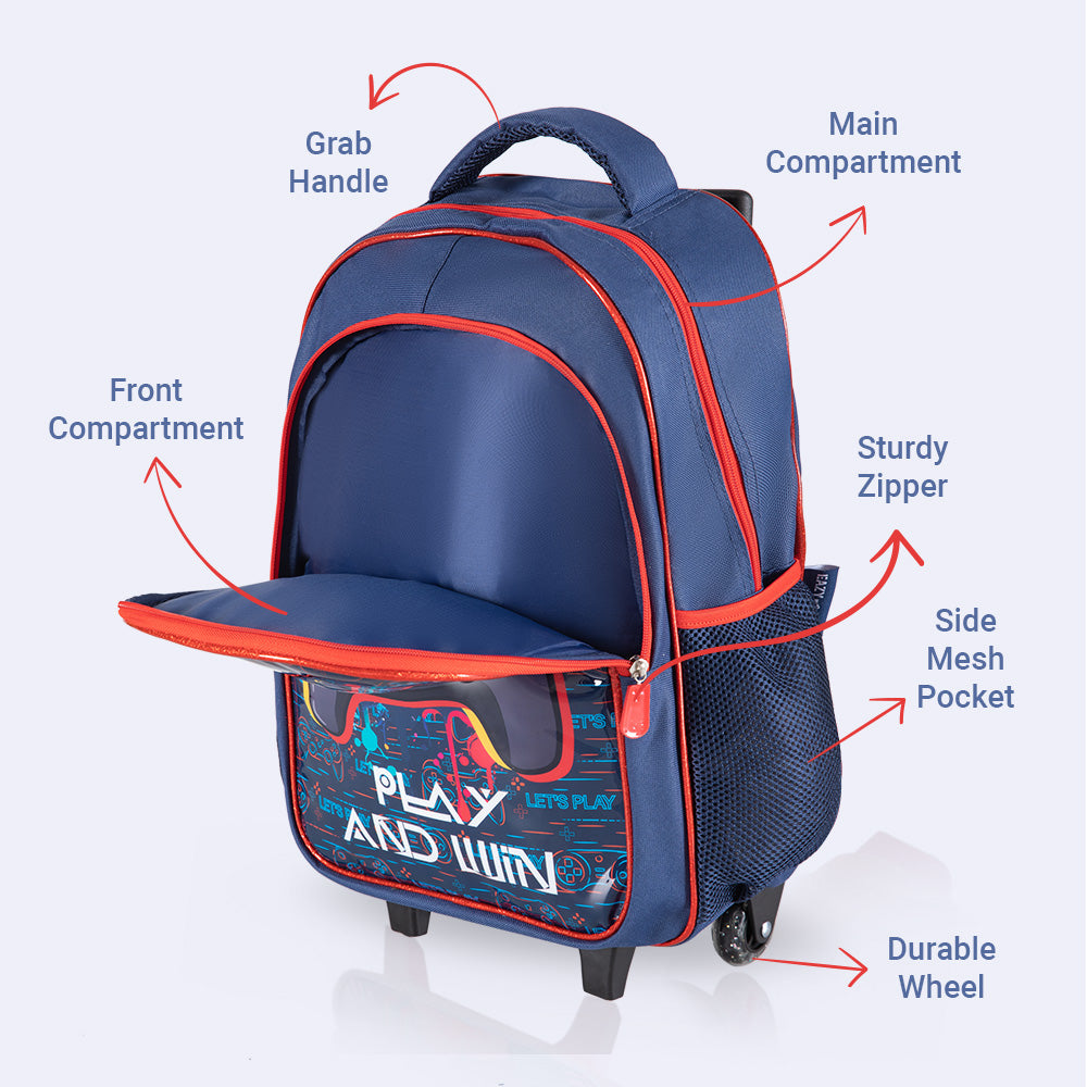 EAZY KIDS 17Inch Set of 5 Trolley School Bag with Lunch Bag, Pencil Case, Lunch Box and Water Bottle - Gamer - Blue