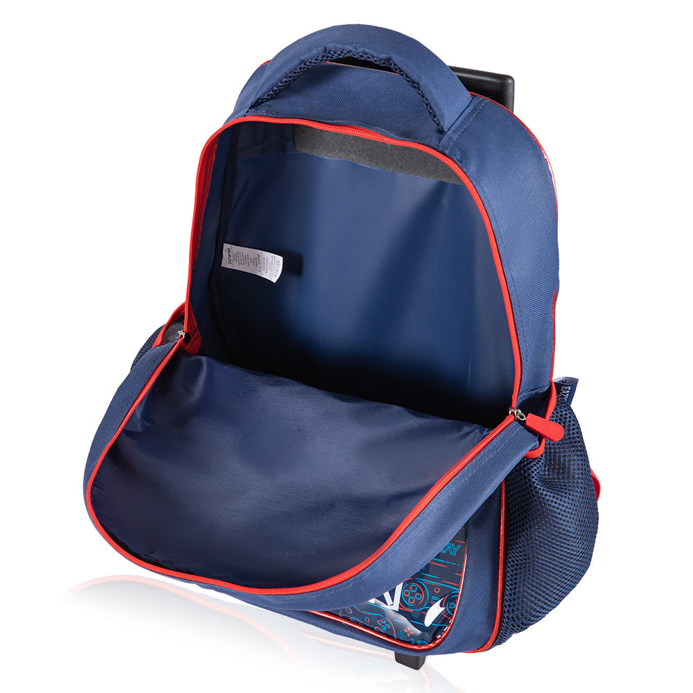 EAZY KIDS 17Inch Set of 5 Trolley School Bag with Lunch Bag, Pencil Case, Lunch Box and Water Bottle - Gamer - Blue