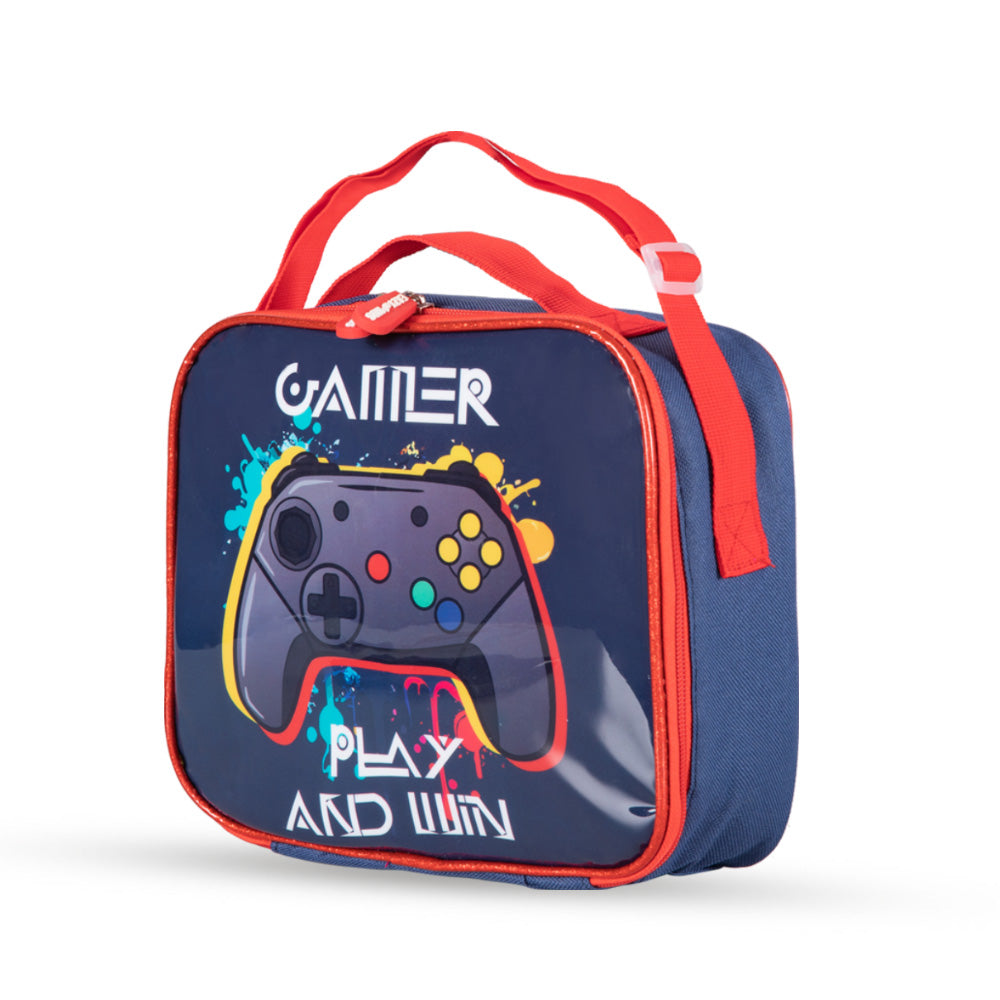 EAZY KIDS 17Inch Set of 5 Trolley School Bag with Lunch Bag, Pencil Case, Lunch Box and Water Bottle - Gamer - Blue