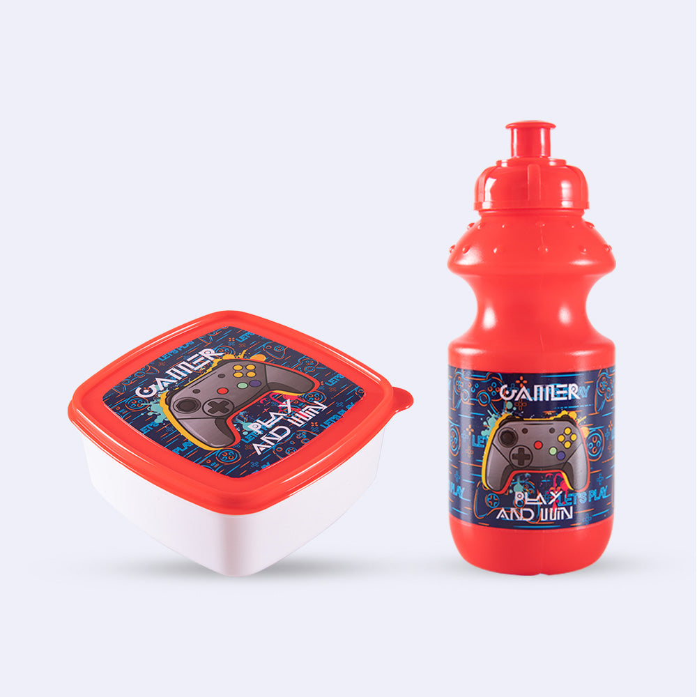 EAZY KIDS 17Inch Set of 5 Trolley School Bag with Lunch Bag, Pencil Case, Lunch Box and Water Bottle - Gamer - Blue