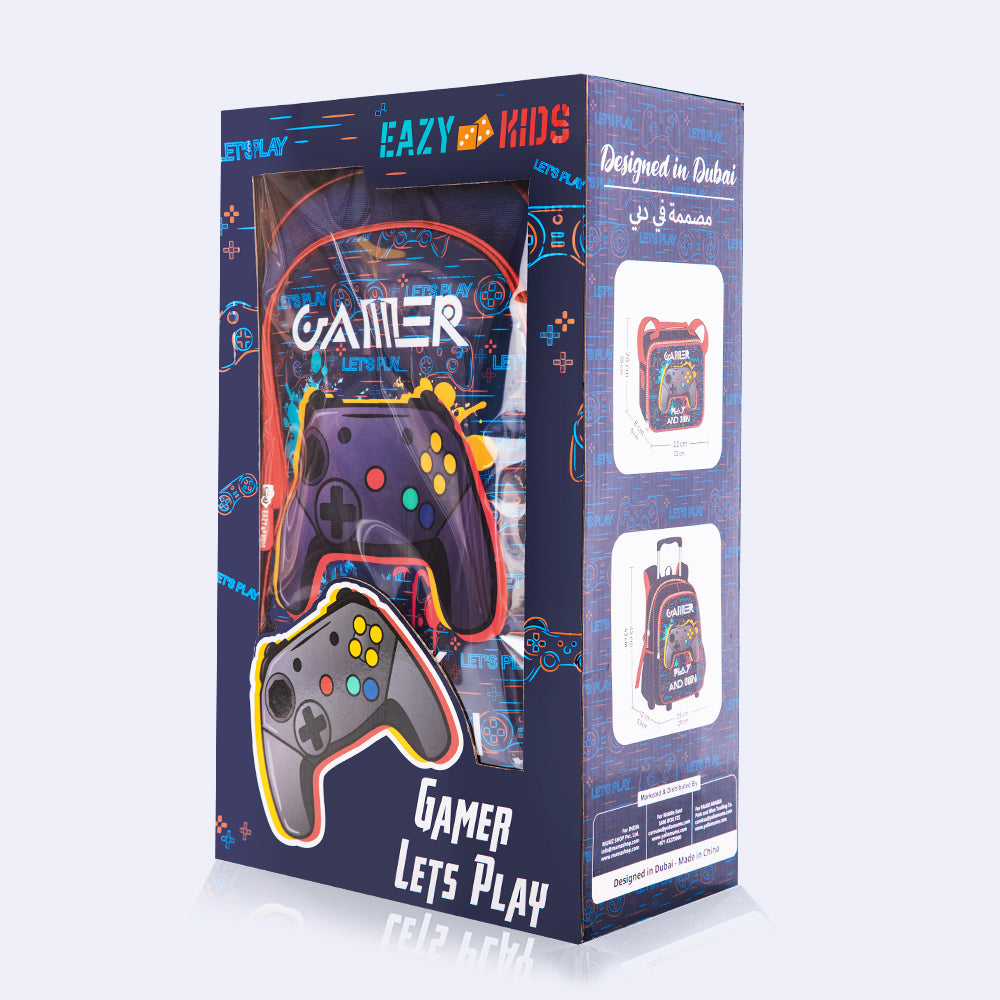 EAZY KIDS 17Inch Set of 5 Trolley School Bag with Lunch Bag, Pencil Case, Lunch Box and Water Bottle - Gamer - Blue