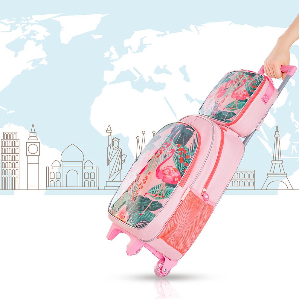 مجموعة من 5 حقائب مدرسية بعجلات من إيزي كيدز، مقاس 17 بوصة، مع حقيبة غداء، وحافظة أقلام، وصندوق غداء، وزجاجة مياه استوائية - وردي