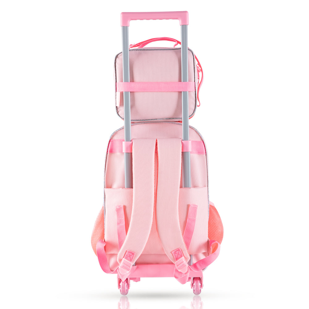مجموعة من 5 حقائب مدرسية بعجلات من إيزي كيدز، مقاس 17 بوصة، مع حقيبة غداء، وحافظة أقلام، وصندوق غداء، وزجاجة مياه استوائية - وردي