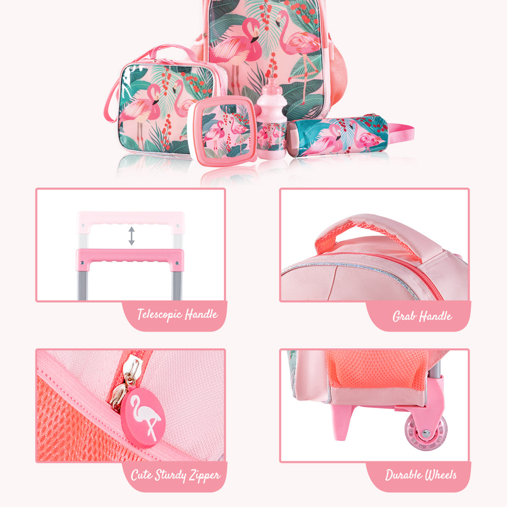 مجموعة من 5 حقائب مدرسية بعجلات من إيزي كيدز، مقاس 17 بوصة، مع حقيبة غداء، وحافظة أقلام، وصندوق غداء، وزجاجة مياه استوائية - وردي