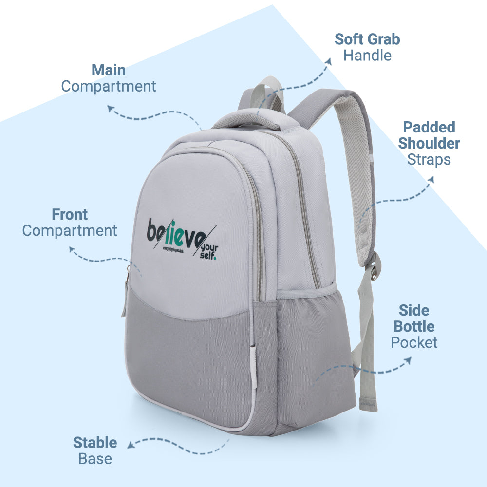 Eazy Kids 15.3” Lightweight School Backpack for Kids – Believe Yourself Design, Grey
